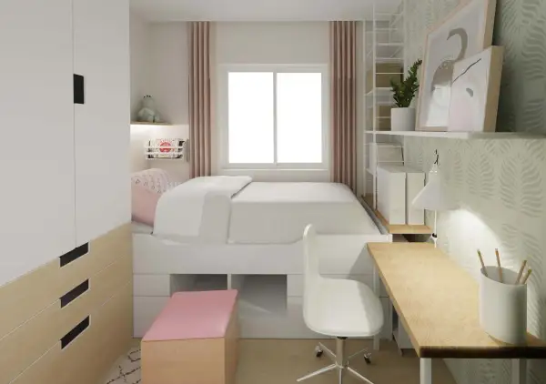 Ein helles, aufgeräumtes Kinderzimmer im Stil des Minimalismus. Ein weißes Bett mit integrierten Schubladen, ein Schreibtisch mit Lampe und ein Kleiderschrank.