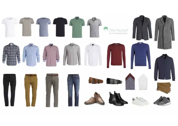 Wie viele Hosen braucht man? Hier sind vier Hosen, zwei Gürtel, Schuhe, Hemden, Pullover und Jacken für einen stilvollen Look.