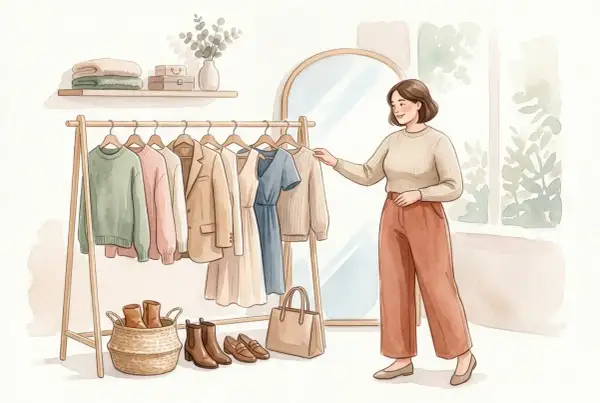 Eine Frau wählt aus einer Garderobe mit ausgewählten Kleidungsstücken, die eine Capsule Wardrobe für stilvolle Outfits bilden.