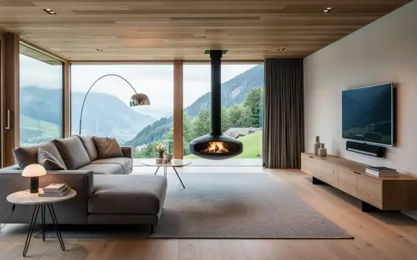 Modernes Wohnzimmer mit Panoramablick. Holzdecken und -böden unterstreichen die Wohntrends Holz. Ein schwebender Kamin sorgt für Gemütlichkeit.