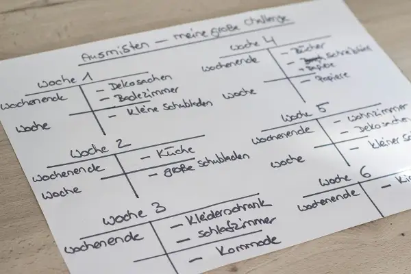 Eine Wohnung ausmisten: Checkliste für eine 6-Wochen-Challenge. Jede Woche ist in Wochenenden und Werktage unterteilt, mit spezifischen Bereichen wie Küche, Bad und Kleiderschrank.