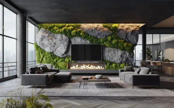 Moderne Wohnzimmergestaltung: Eine lange Wand wird mit Naturstein und Moos gestaltet, ein Kamin und ein Fernseher integriert.