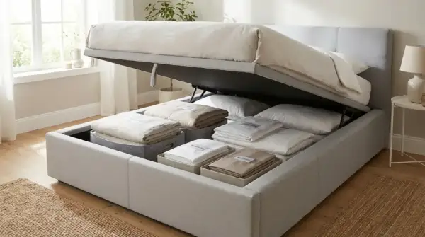 Ein Bett statt Sofa im Wohnzimmer mit viel Stauraum darunter für Bettwäsche.